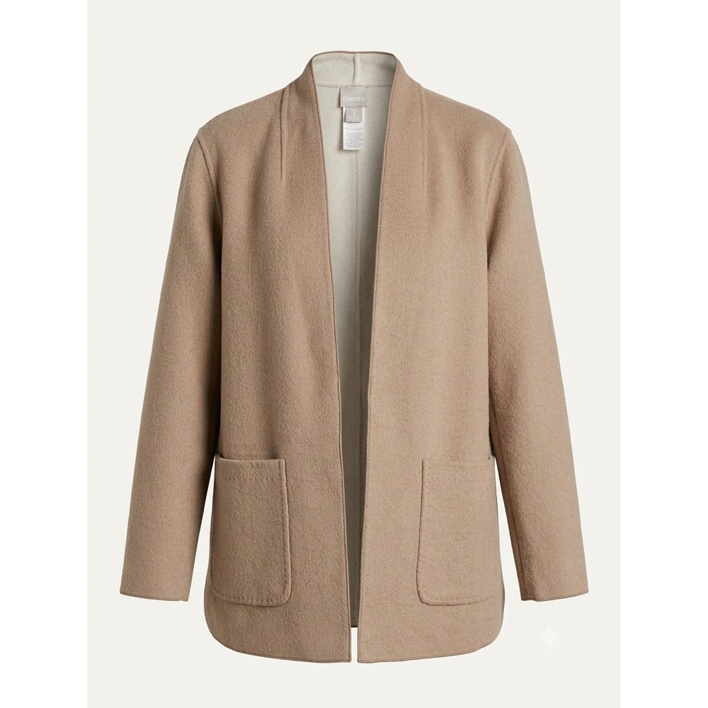 Chico's Wool Blend Open Front Cardigan Jacket Camel Tan Size 3‎ Quiet Luxury
